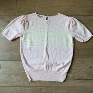 Vintage 80s 90s KENETH TOO! Pink White Short Sleeve Patterned Striped Small